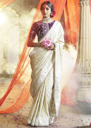 Cream Zari Woven Silk Saree With Blouse