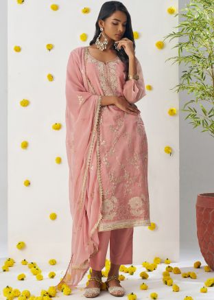 Readymade Pink Embroidered Pant Suit In Chiffon