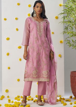 Readymade Pink Embroidered Chiffon Pant Suit