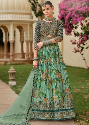 Readymade Green Floral Print Anarkali Suit