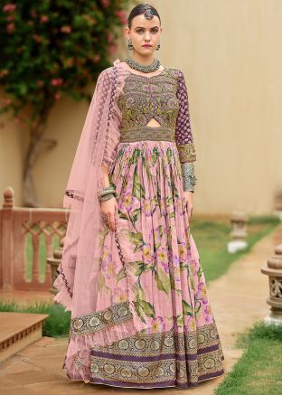 Readymade Peach Floral Print Anarkali Suit