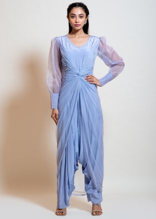 Blue Readymade Puff Sleeved Draped Dhoti Style Jumpsuit