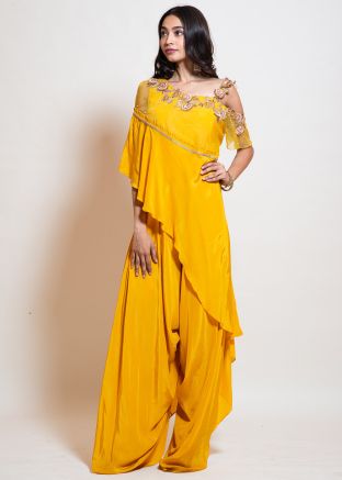 Yellow Asymmetric Cape Style Cowl Draped Jumpsuit
