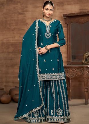 Blue Embroidered Chiffon Salwar Suit Set