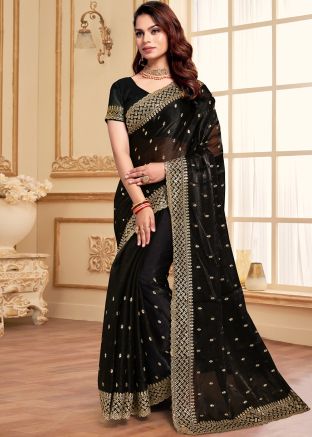 Black Zari Embroidered Art Silk Saree