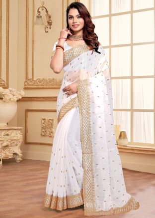 White Zari Embroidered Saree In Art Silk