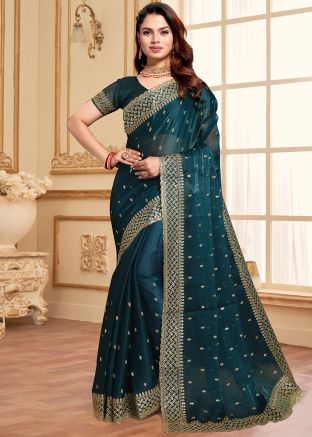 Teal Blue Zari Embroidered Saree