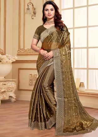 Brown Saree In Zari Embroidery