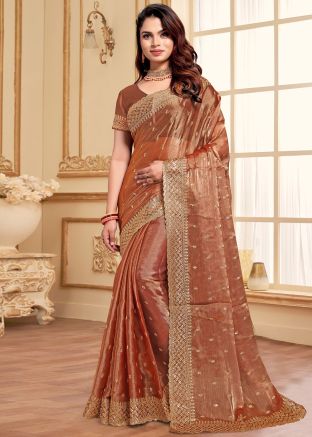 Peach Art Silk Saree In Zari Embroidery