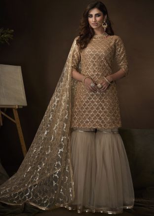 Beige Embroidered Gharara Salwar Suit Set