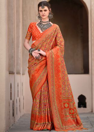 Orange Printed Art Silk Saree