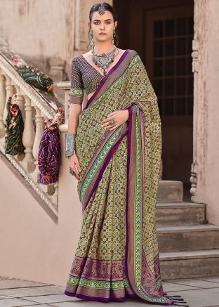 Wine Printed Art Silk Saree & Blouse
