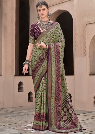Purple Print Work Art Silk Saree