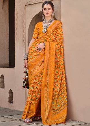 Mustard Yellow Printed Saree