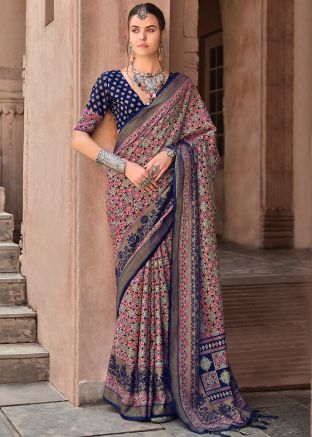 Navy Blue Art Silk Printed Saree