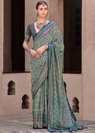 Teal Blue Art Silk Printed Saree