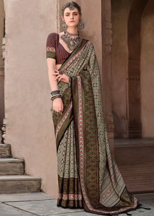 Brown Art Silk Printed Saree