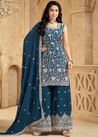 Teal Blue Thread Work Readymade Palazzo Suit