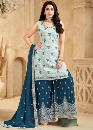 Light Blue Embroidered Readymade Palazzo Suit
