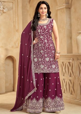 Maroon Embroidered Readymade Palazzo Suit Set