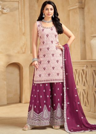 Light Pink Embroidered Readymade Palazzo Suit