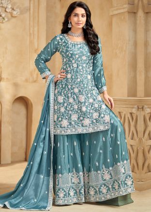 Readymade Blue Embroidered Palazzo Style Suit