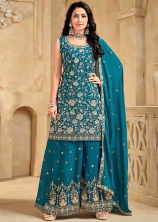 Readymade Blue Embroidered Palazzo Style Suit