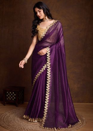 Purple Stone Embellished Saree In Shimmer