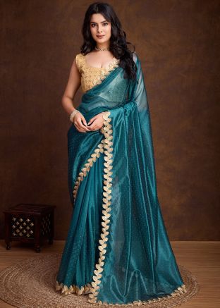 Teal Blue Shimmer Saree In Sequins Embellishment