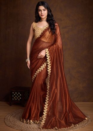 Brown Embellished Shimmer Saree With Blouse