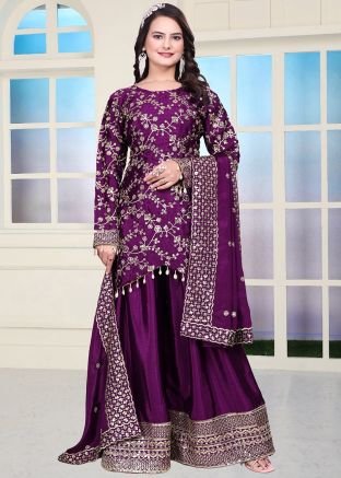 Purple Embroidered Palazzo Salwar Suit Set