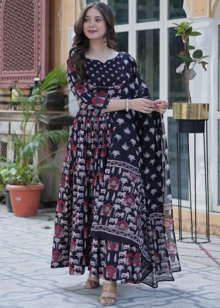 Readymade Black Printed Cotton Anarkali Suit