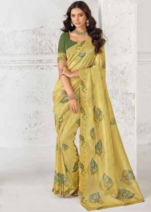 Yellow Printed Art Silk Saree