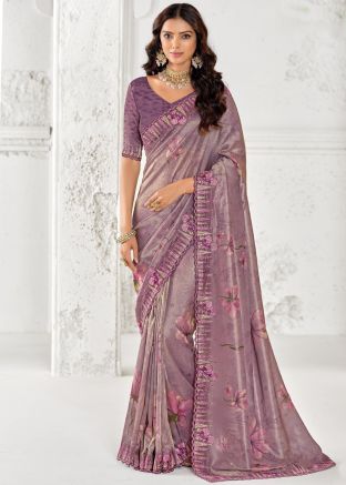 Mauve Purple Floral Print Art Silk Saree