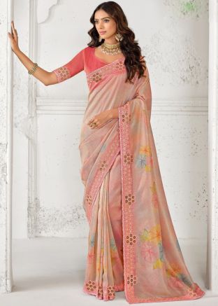 Peach Floral Print Saree In Art Silk