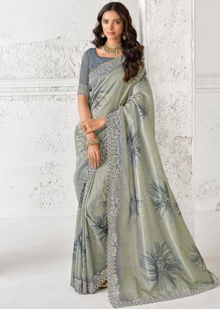 Grey Art Silk Saree In Floral Print