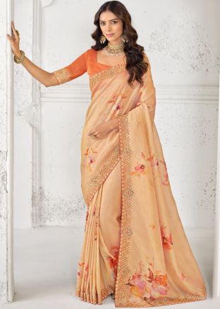 Light Orange Saree In Floral Print