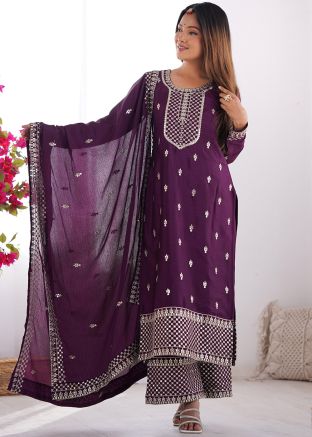 Purple Embroidered Salwar Suit Set In Chiffon