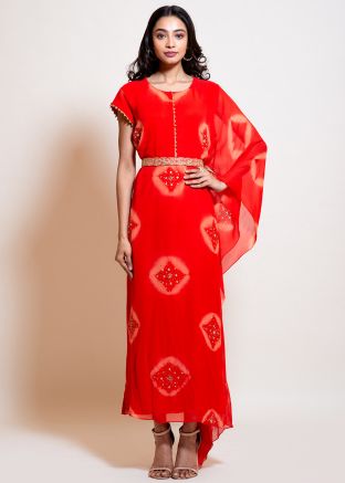 Red Tie Dye Printed Readymade One Sided Kaftan