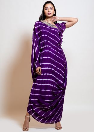 Purple Readymade Leheria Printed Draped Kaftan