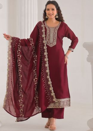 Maroon Embroidered Art Silk Salwar Suit Set