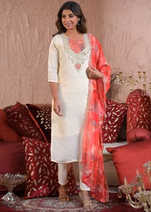 Off White Embroidered Salwar Suit Set In Chanderi