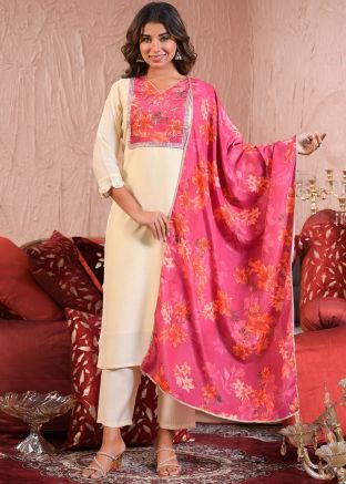 Off White Embroidered Salwar Suit Set In Chanderi