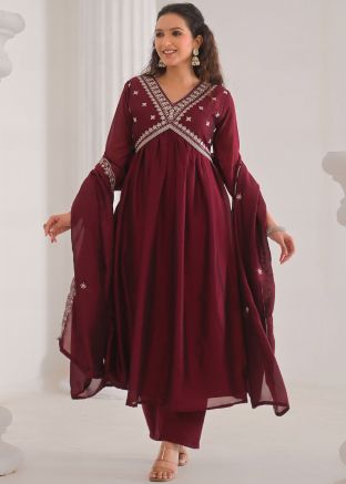 Maroon Embroidered Art Silk Salwar Suit Set
