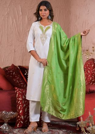 White Embroidered Salwar Suit Set In Viscose