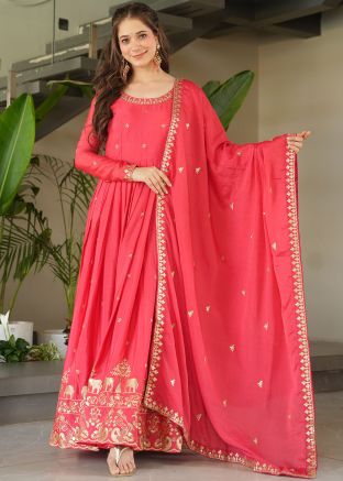 Readymade Dark Peach Embroidered Anarkali Suit Set