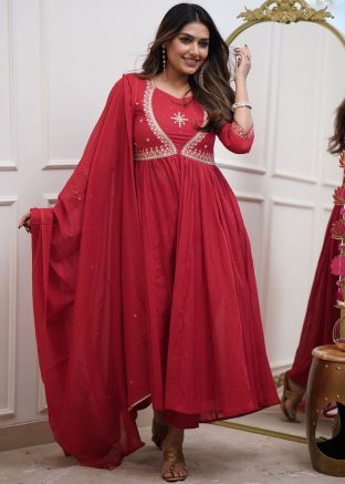 Readymade Red Embroidered Anarkali Suit Set