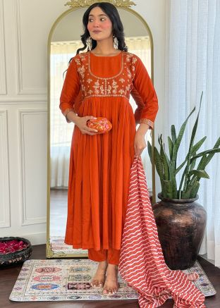 Readymade Orange Embroidered Anarkali Suit