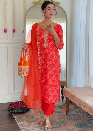 Readymade Orange Bandhej Print Pant Suit