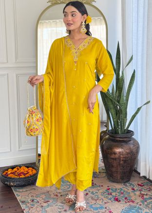 Readymade Yellow Embroidered Pant Style Suit